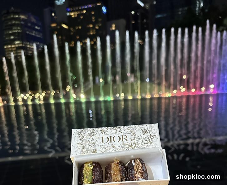 Dior chocolates in front of a fountain