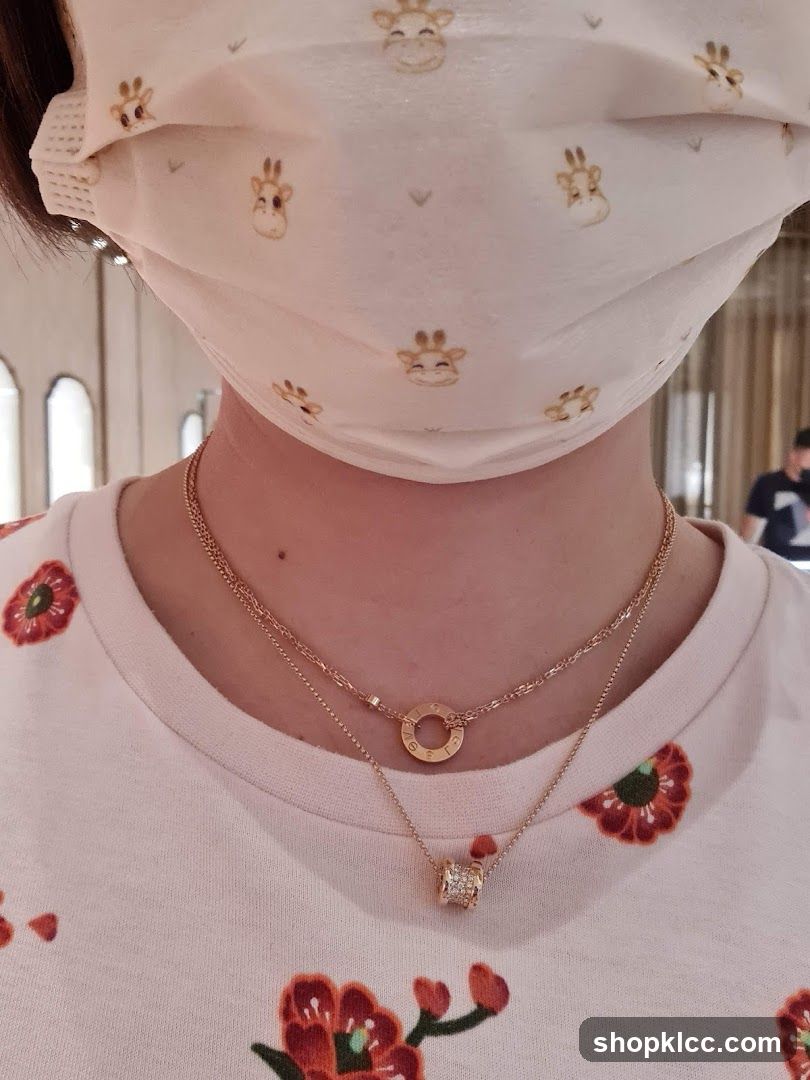Woman wearing necklaces and a mask