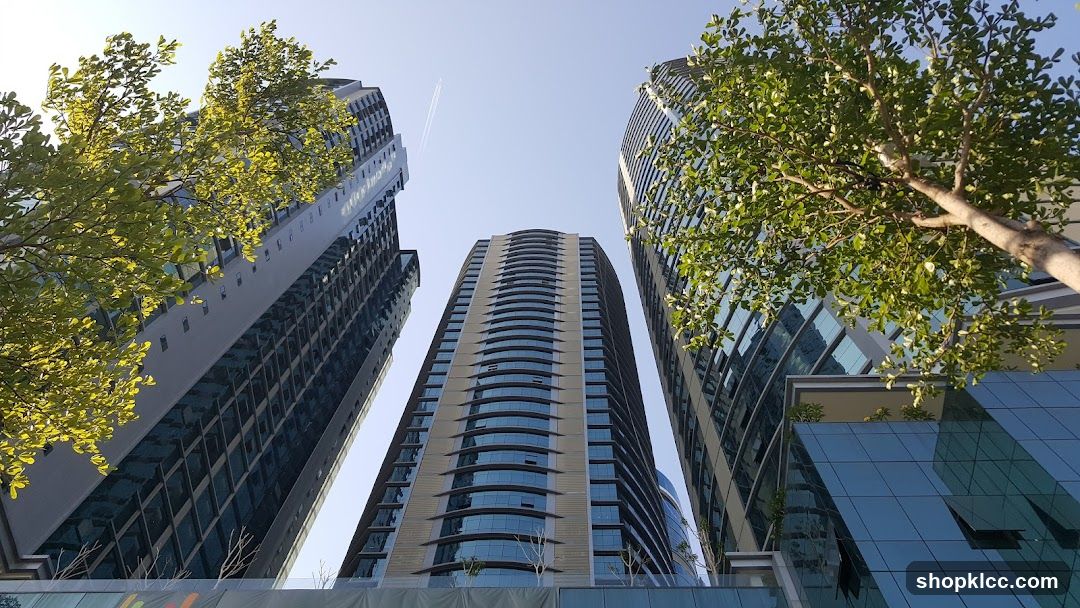 Modern skyscrapers and trees