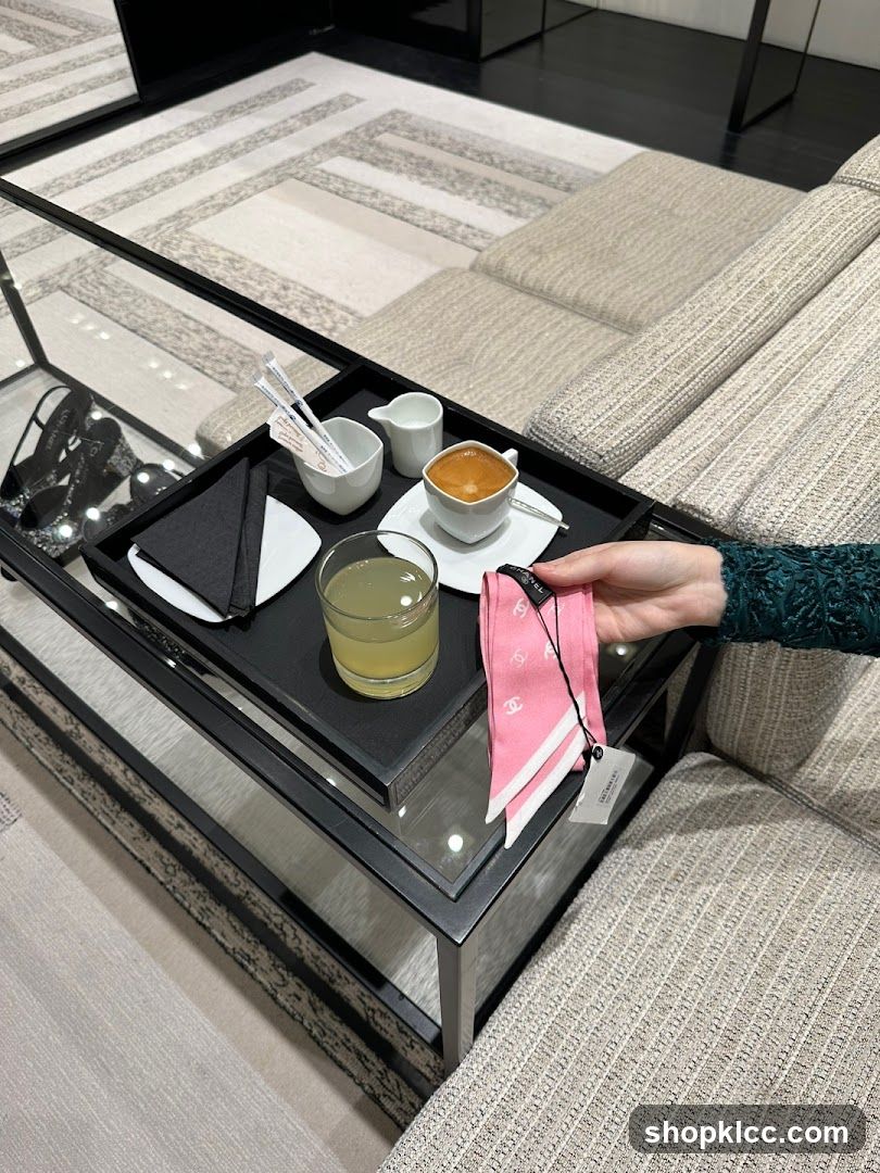 Chanel scarf with coffee and drink