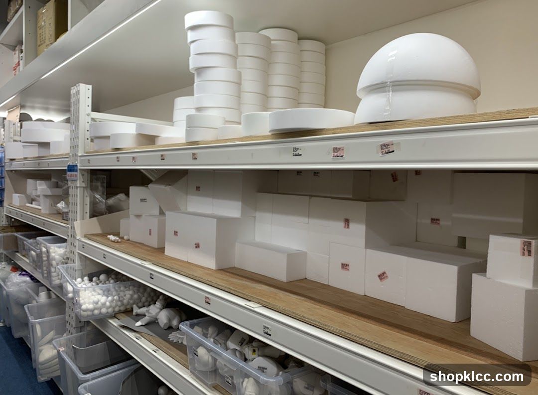 Storage shelves with white packaging materials