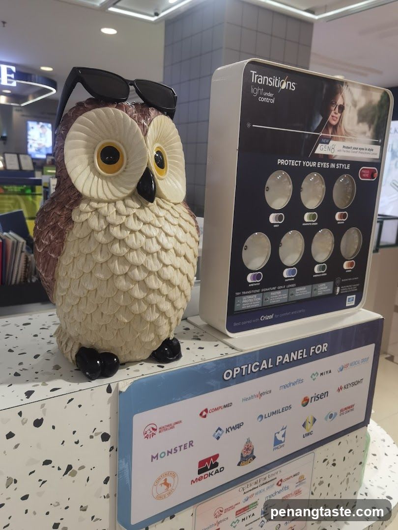 Owl figurine with sunglasses and optical display