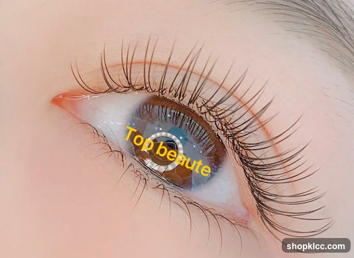 Eye with contact lens and eyelashes