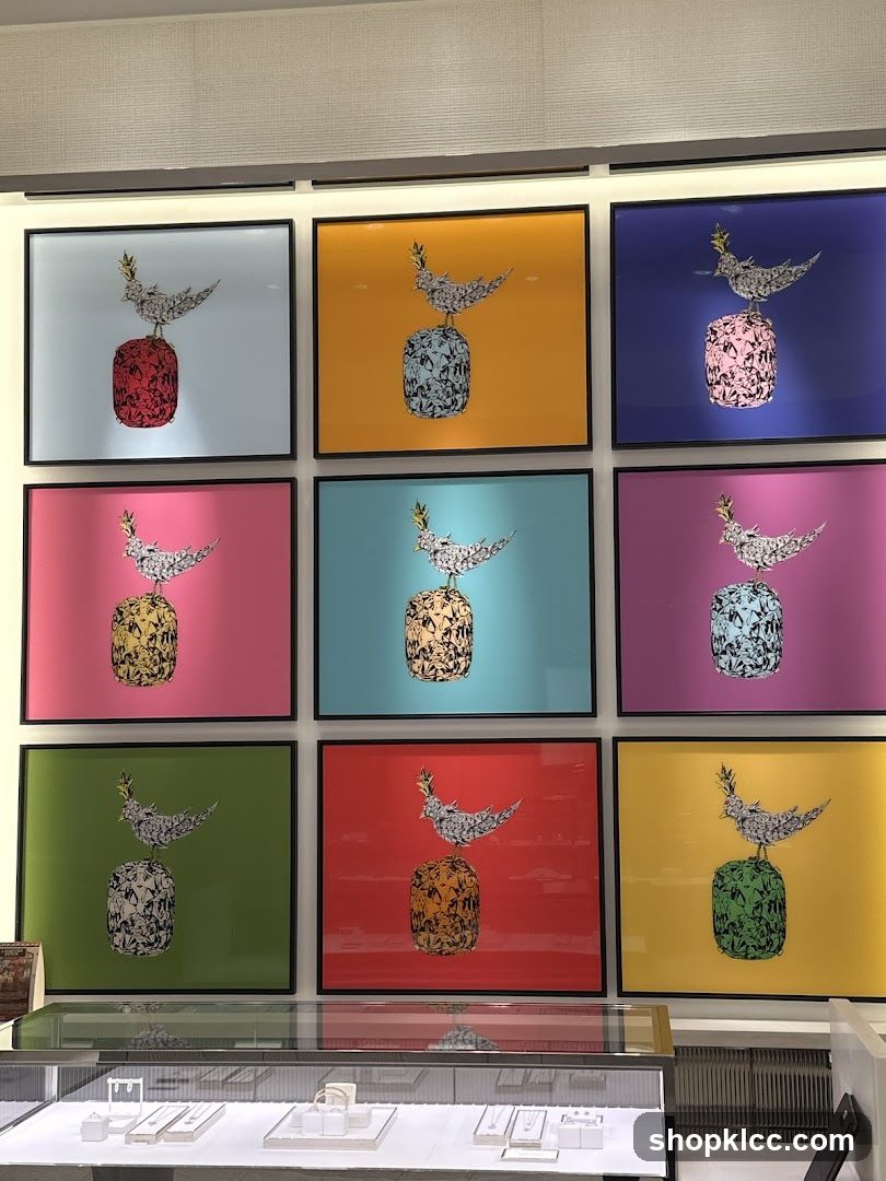 Nine framed artworks of a bird on a pedestal