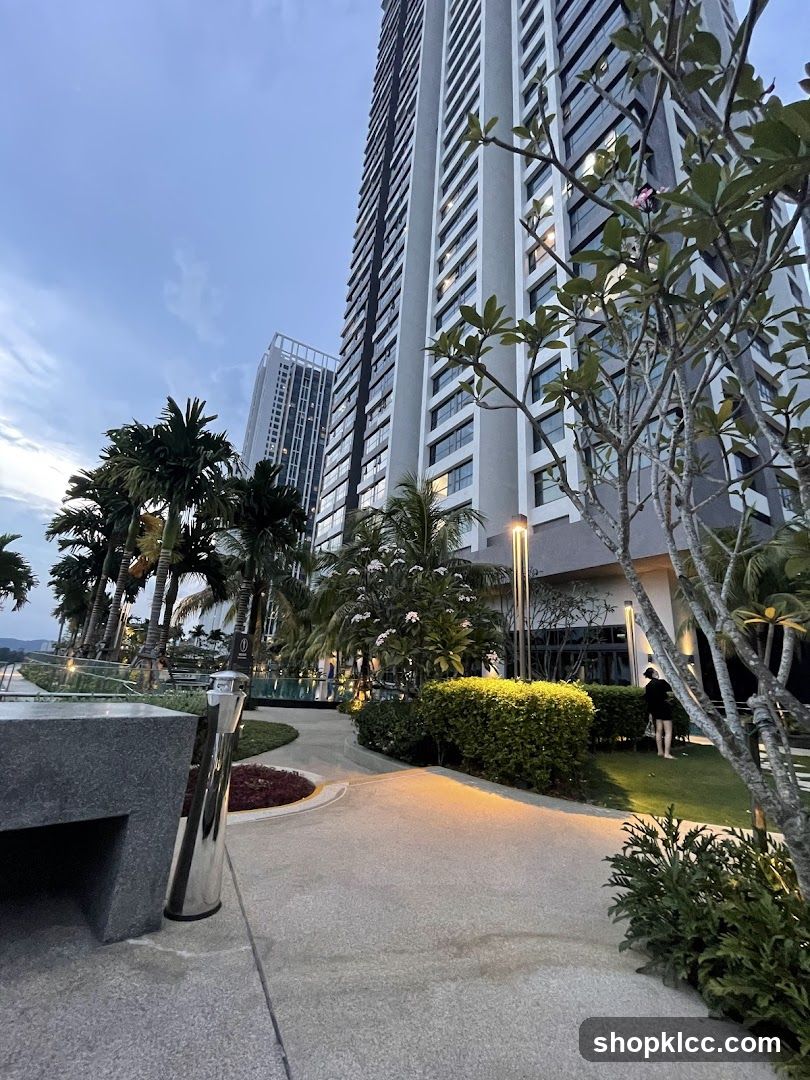 Evening View of High-Rise Building Entrance