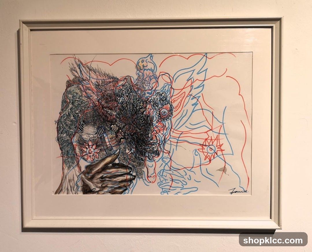 Abstract Ink Drawing with Red and Blue Lines