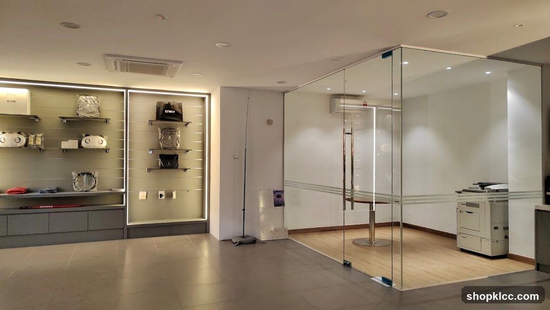Store Interior with Shelving and Glass Enclosure
