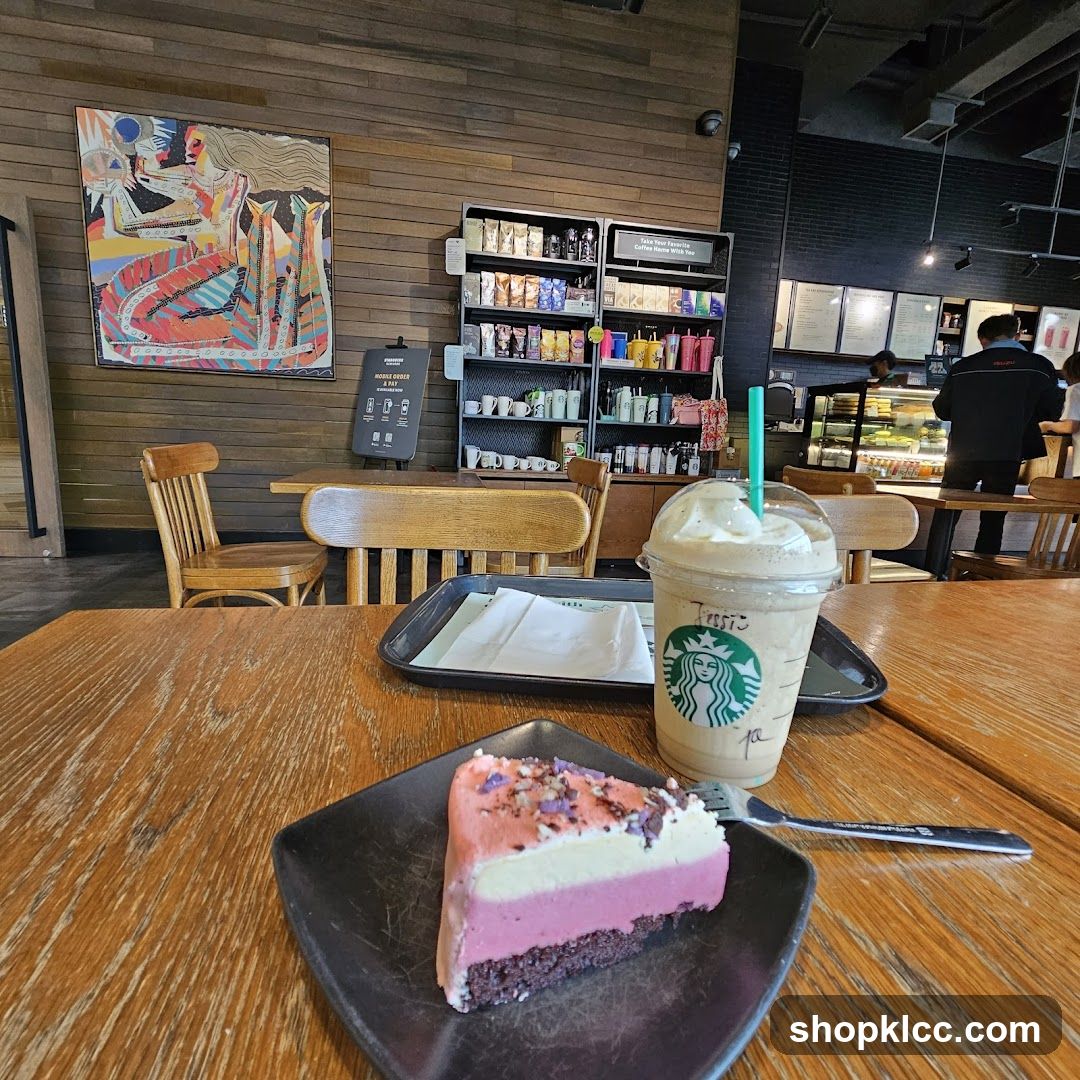 Starbucks Interior with Cake and Drink