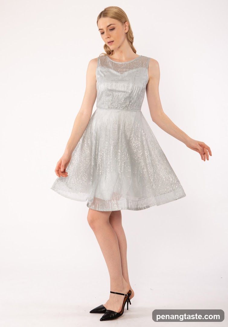 Woman in a silver sparkly dress