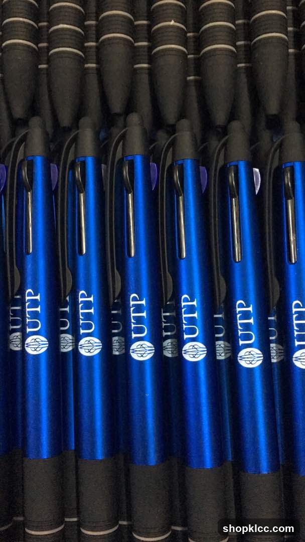 Blue branded pens in bulk packaging