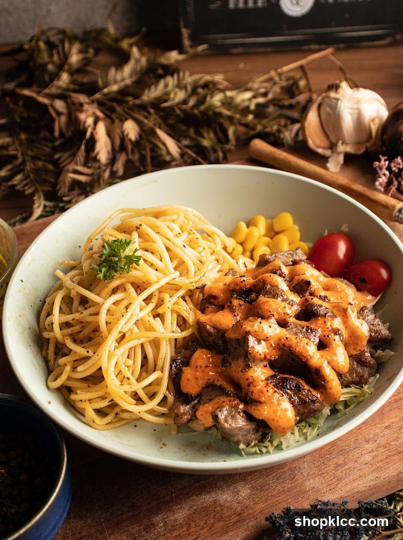 Spaghetti with Steak and Corn