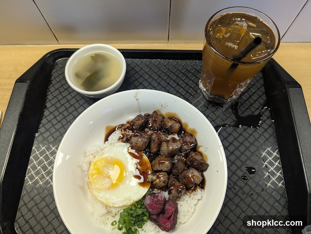 Beef and Rice Bowl with Fried Egg and Soup