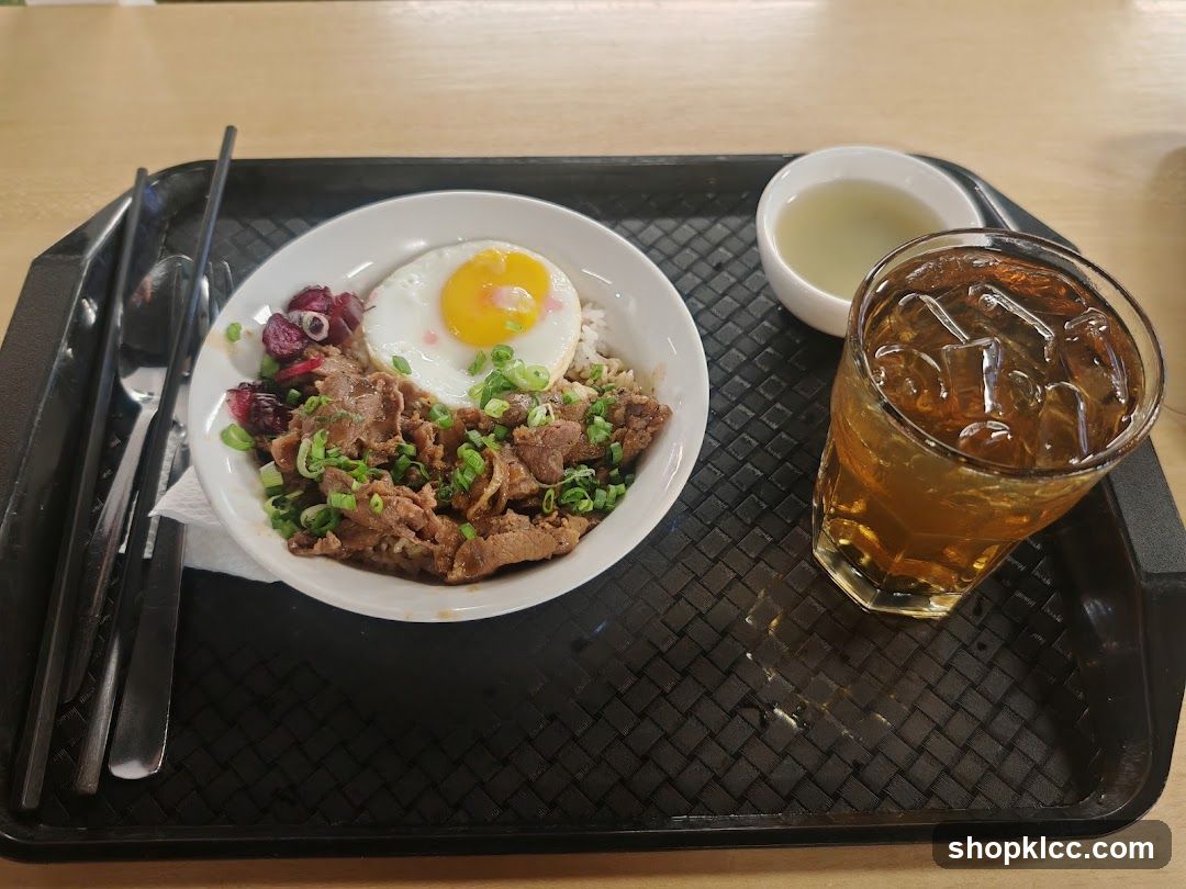 Beef and Egg Rice Bowl with Iced Tea
