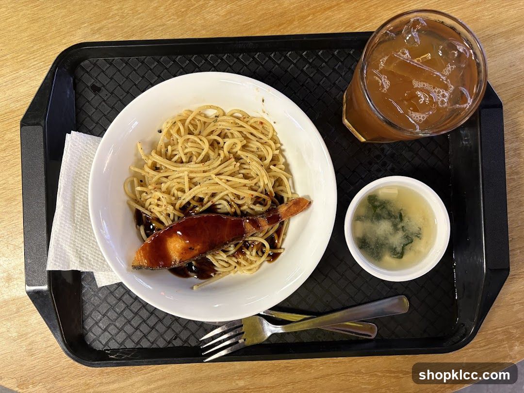 Salmon Spaghetti with Miso Soup and Iced Tea