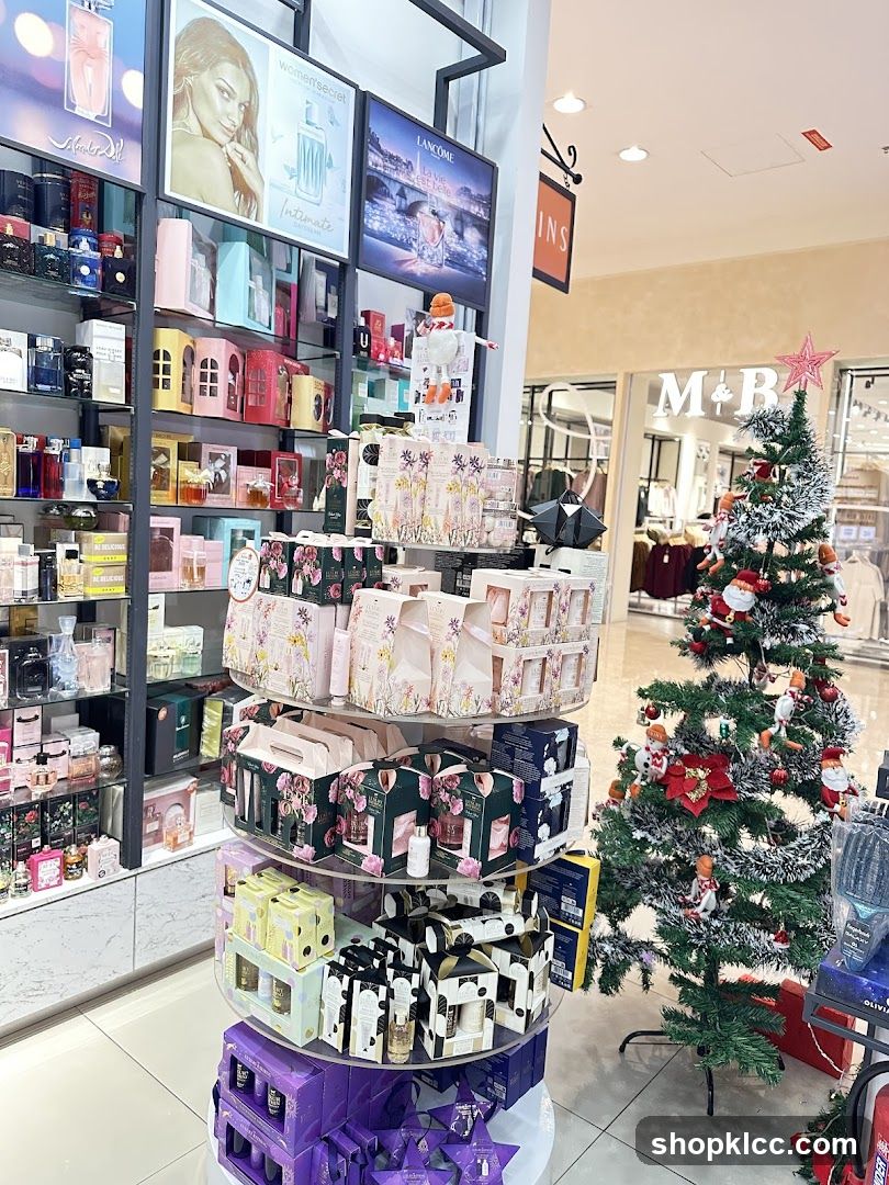 Perfume and Cosmetics Display with Christmas Tree