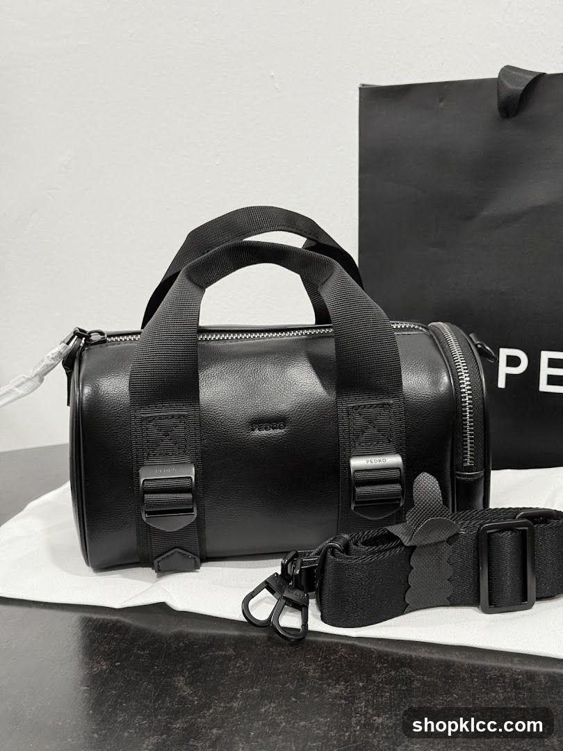 Black Leather Duffel Bag with Shopping Bag
