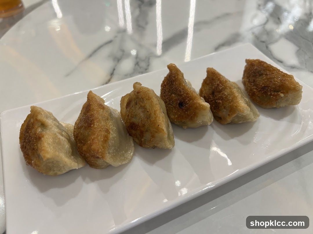 Pan-Fried Dumplings on a White Plate