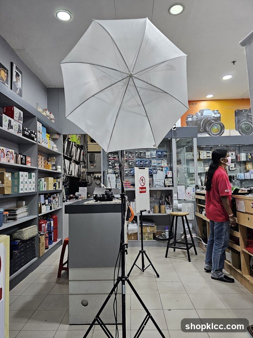 Interior of a camera shop with lighting setup