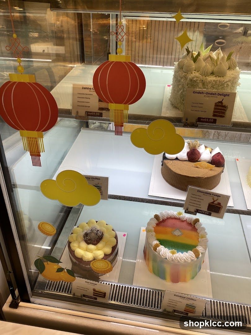 Cakes in a display case