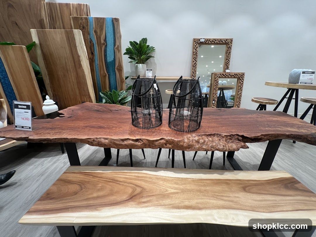 Live-edge dining set with decorative lanterns