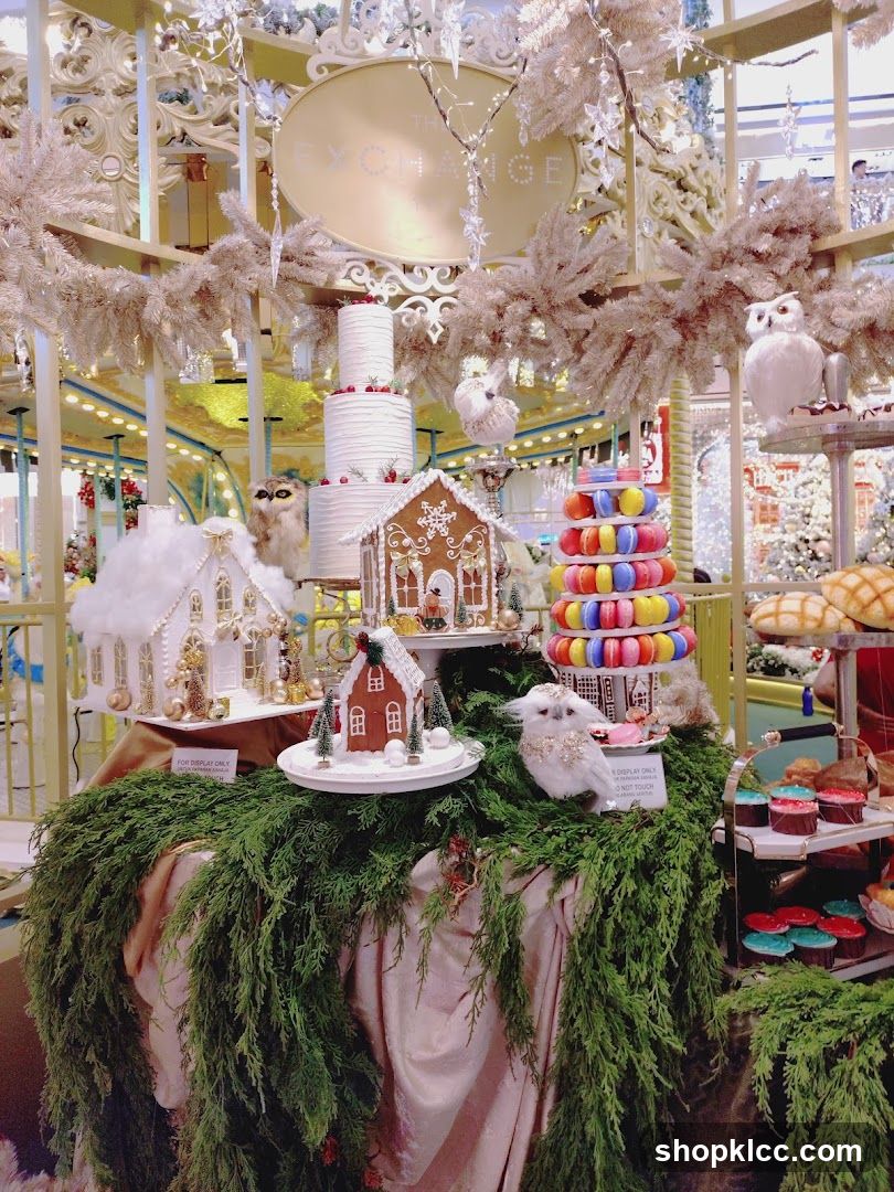 Christmas Display with Gingerbread Houses and Cakes