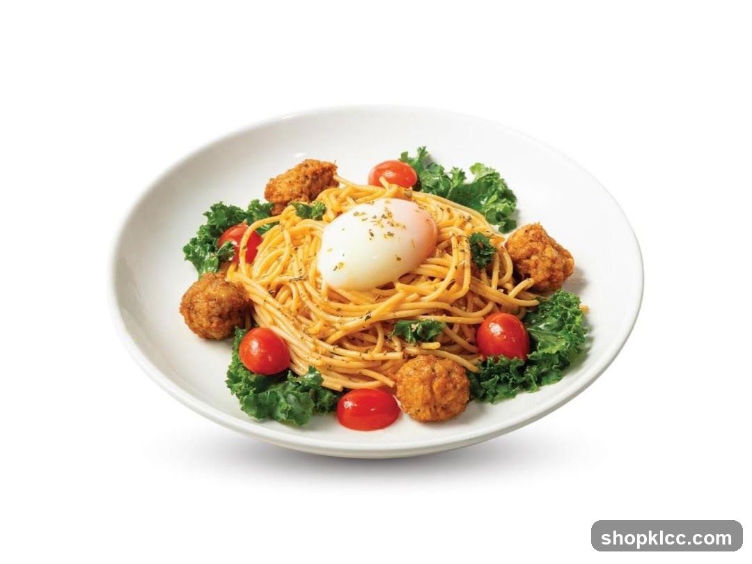 Spaghetti with Poached Egg and Meatballs