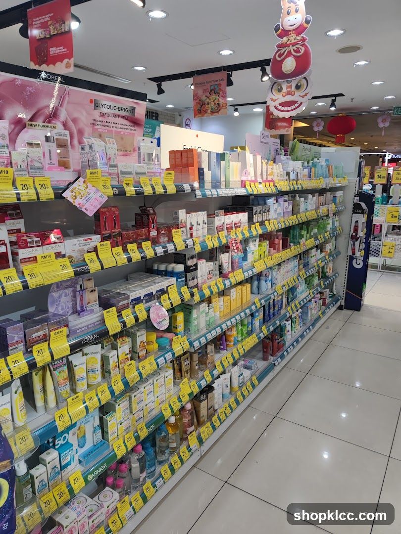 Cosmetics aisle with discounts