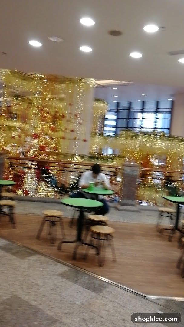 Indoor seating area with festive decorations