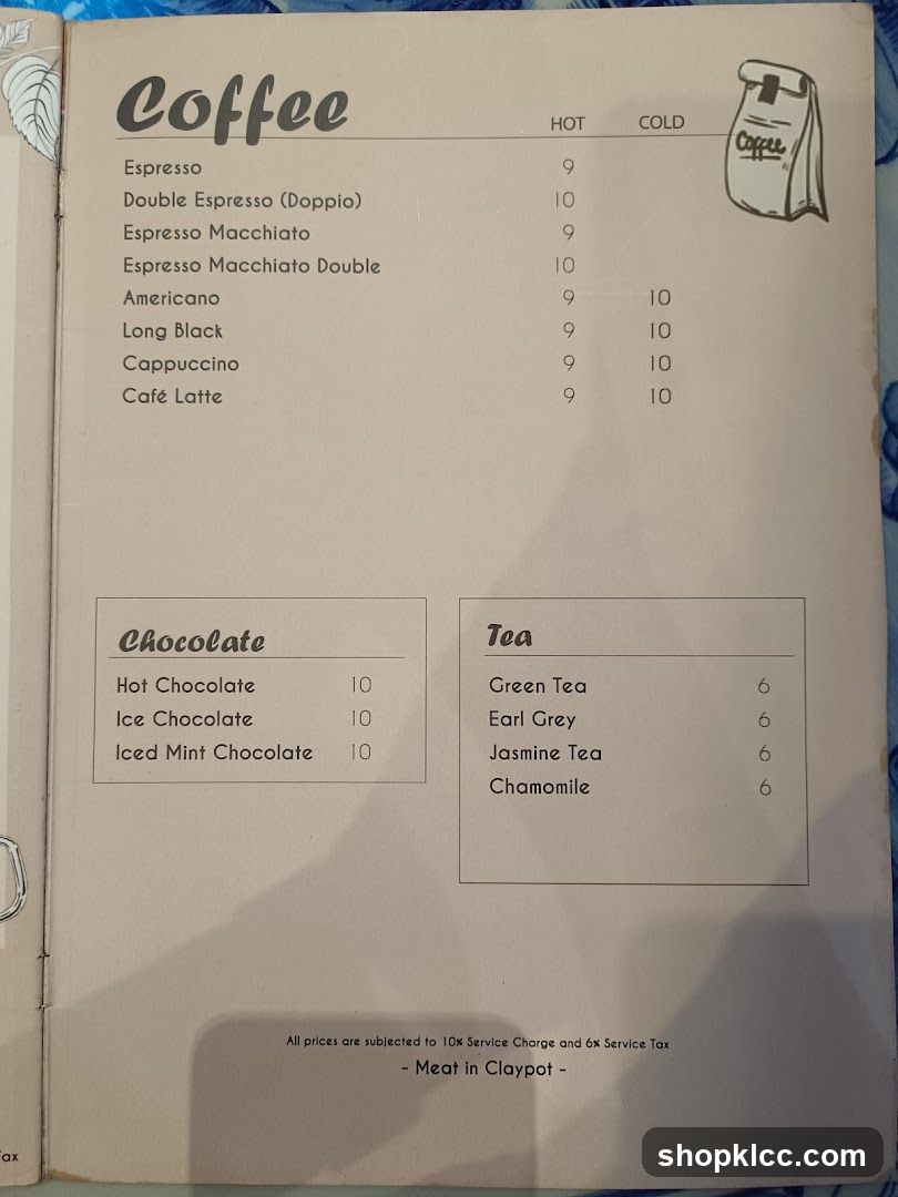 Coffee, Chocolate, Tea Menu