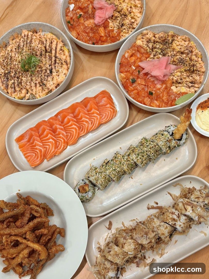 Assortment of Salmon Dishes and Sushi