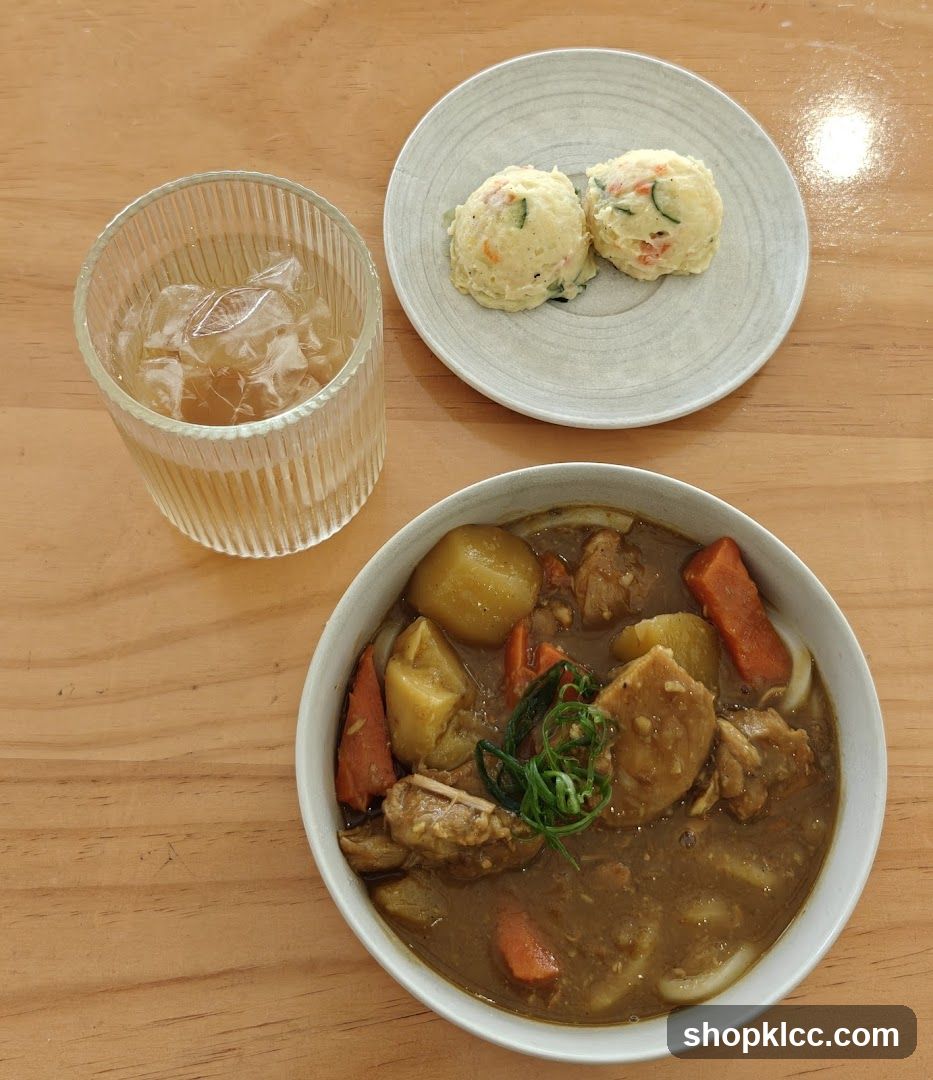 Curry Udon with Potato Salad and Drink
