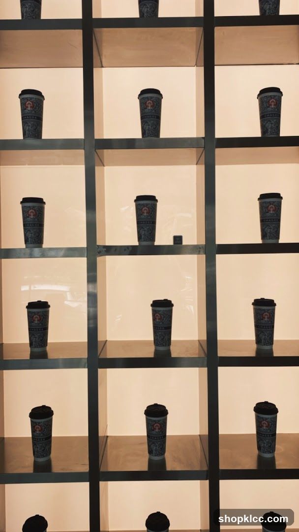 Branded Coffee Cups on Display Shelves