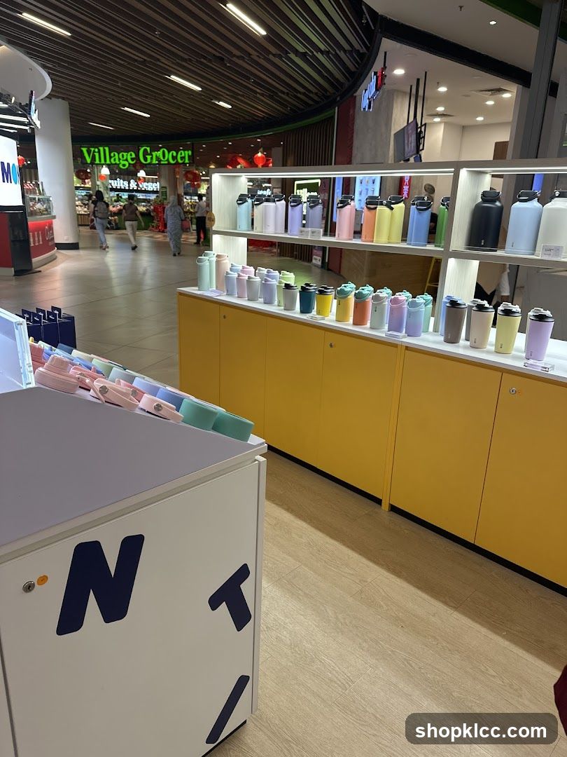 Display of colorful water bottles and tumblers