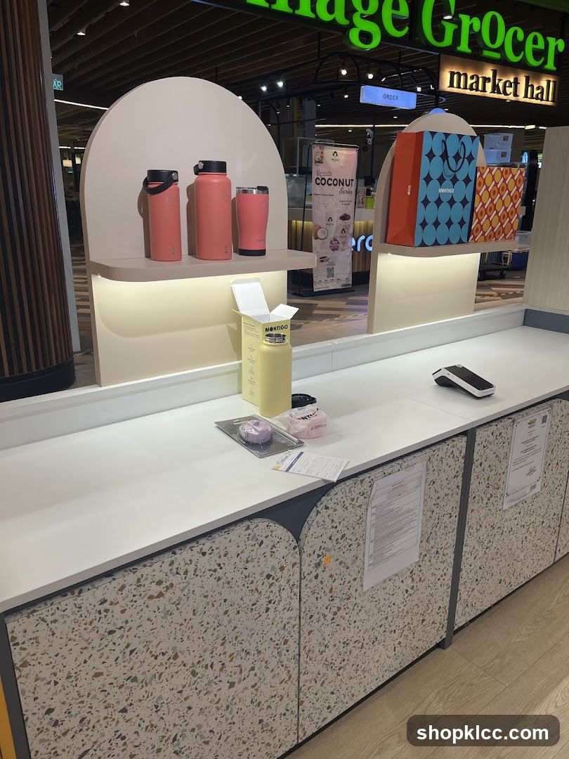Display of water bottles and shopping bags