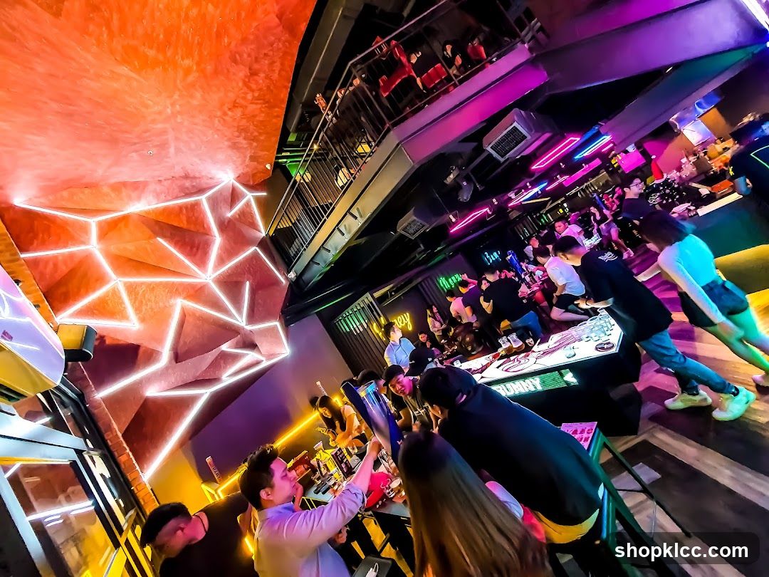 Vibrant Bar Interior with Neon Lights and Patrons