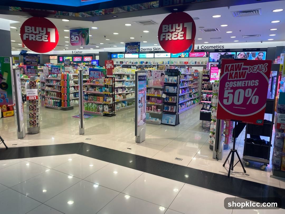 Pharmacy interior with promotional displays
