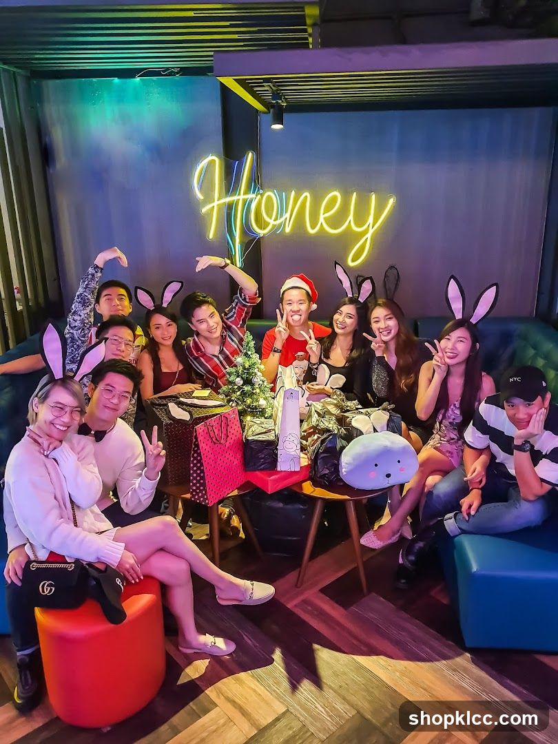 Group celebrating with bunny ears and gifts