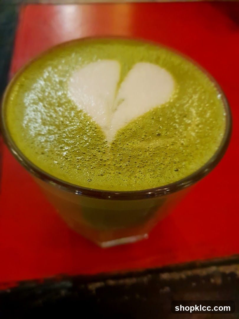 Matcha latte with heart art