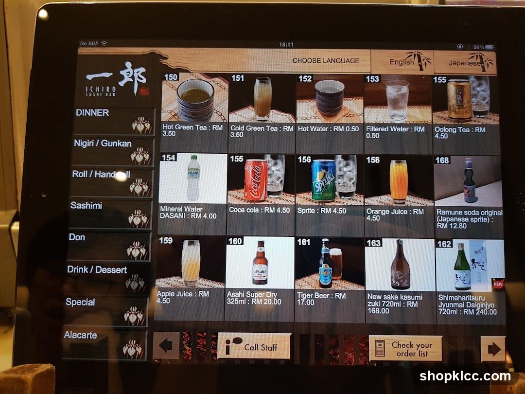 Ichiro Sushi Bar Menu Display