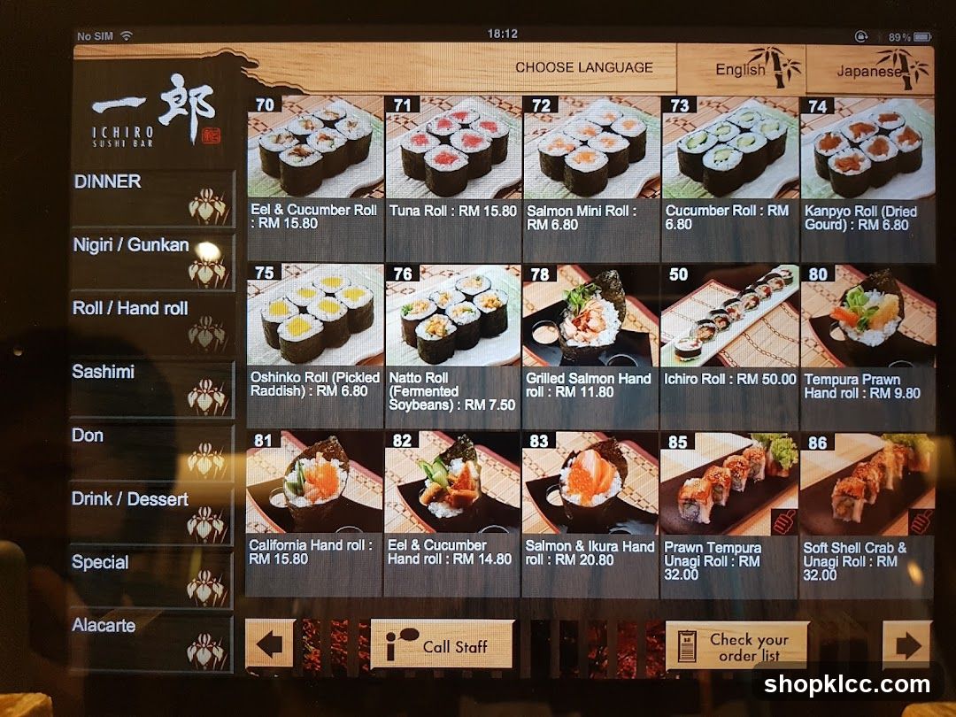 Ichiro Sushi Bar Menu Display