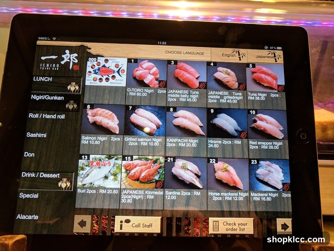 Ichiro Sushi Bar Menu Display