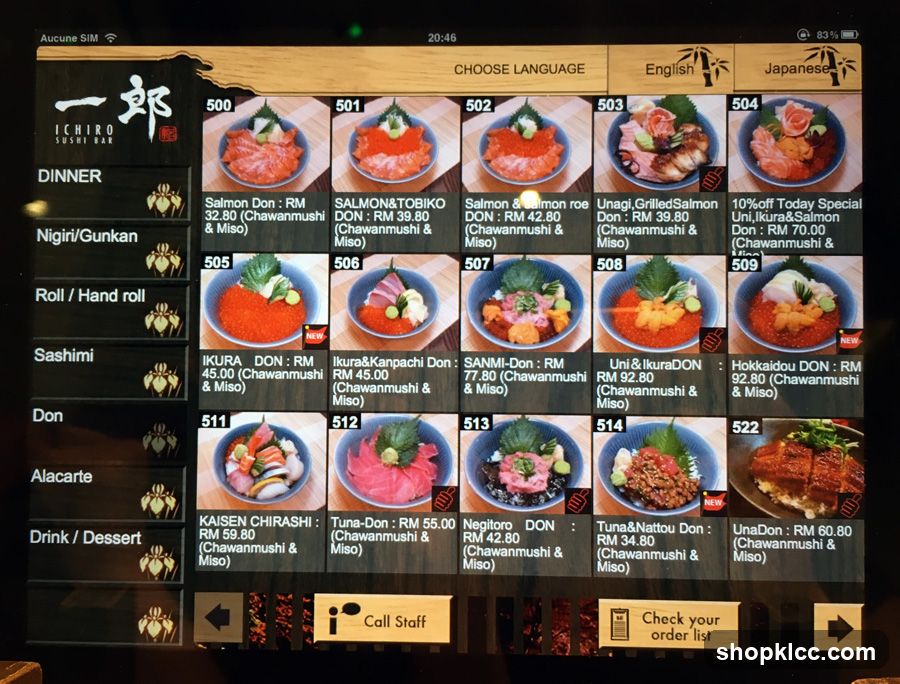 Ichiro Sushi Bar Menu Display