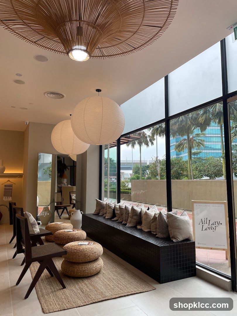 Interior Lounge Area with Large Windows and Decorative Lighting