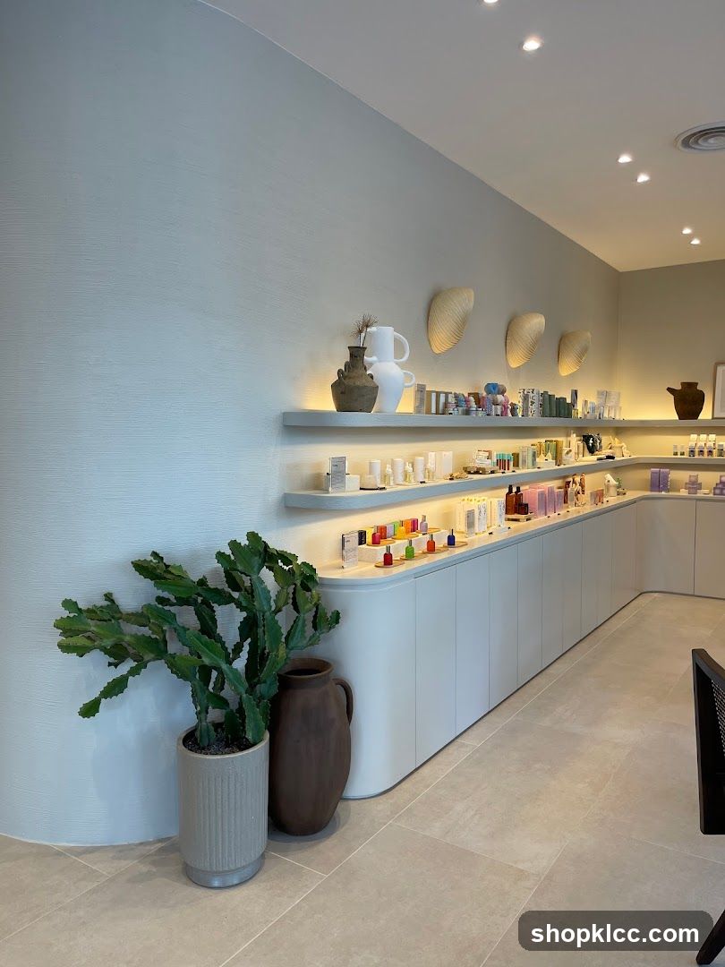 Interior of a modern retail space with shelves and plants