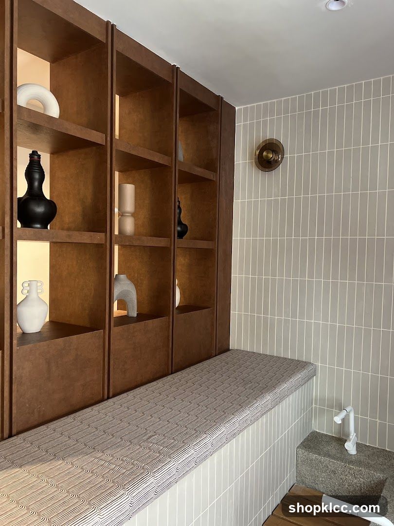 Interior Bathroom with Shelving and Tiled Wall