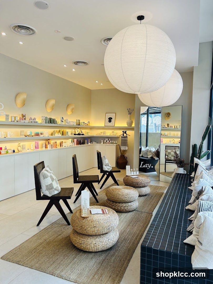 Interior of a modern retail store with seating area