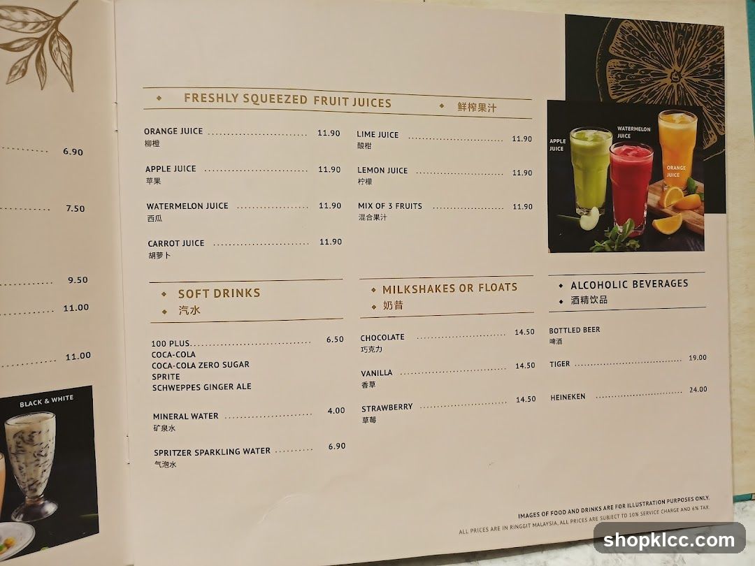 Freshly Squeezed Fruit Juices, Soft Drinks, Milkshakes or Floats, Alcoholic Beverages