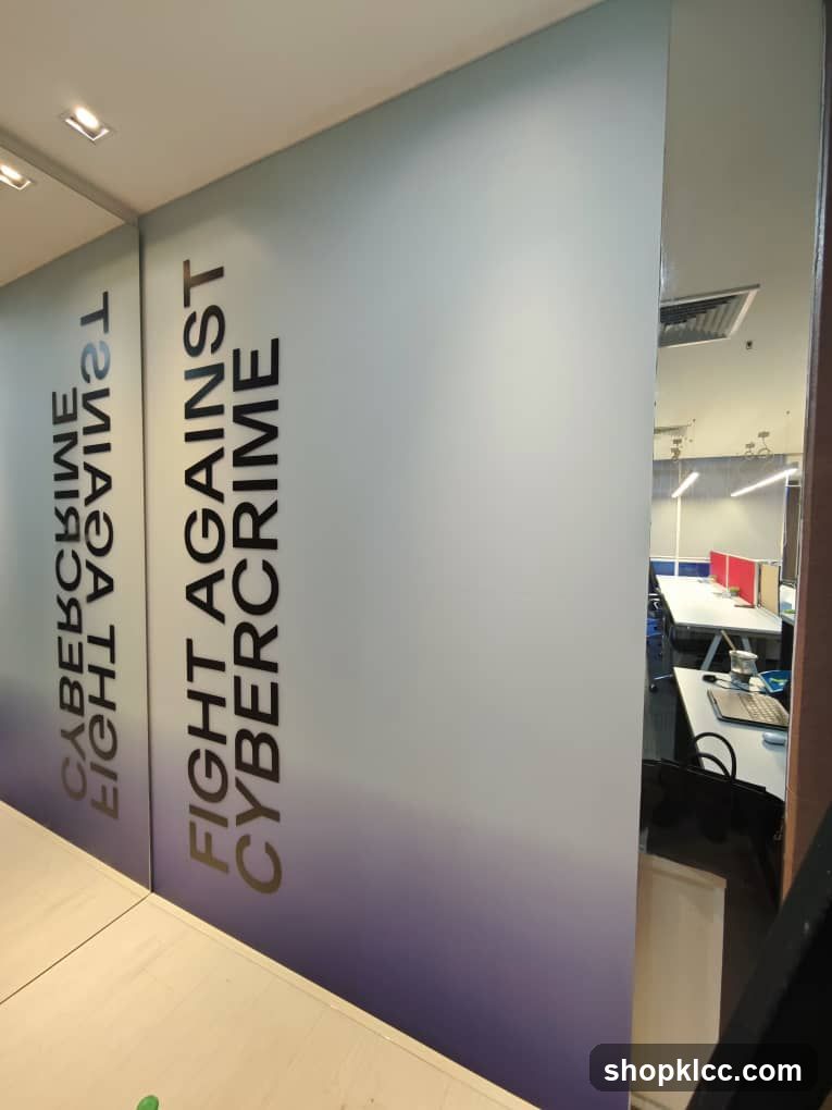 Office Interior with Cybercrime Prevention Slogan