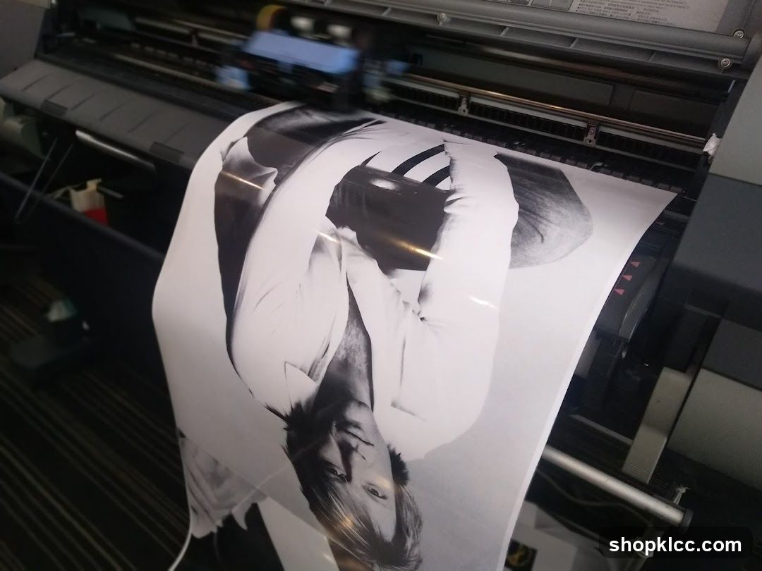 Large Format Printer Printing a Black and White Portrait