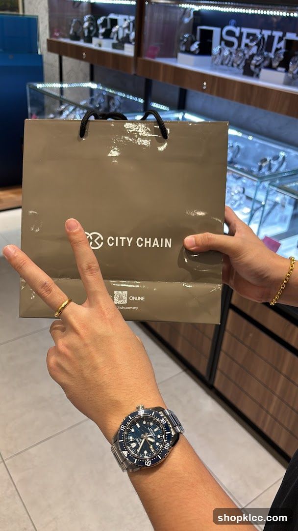 Person holding a shopping bag with a watch on their wrist